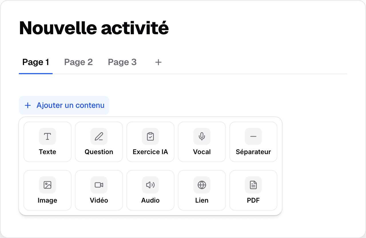 ProfBloom activity editor: an empty activity, with the “Add content” menu open.