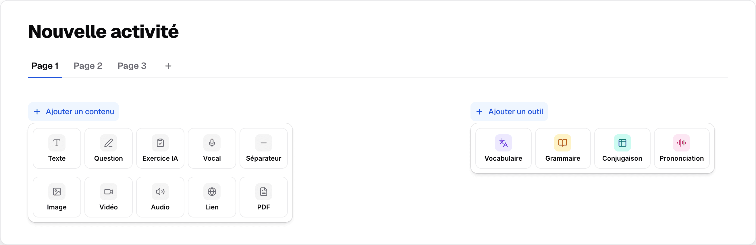 ProfBloom activity editor: an empty activity, with the “Add content” menu open.